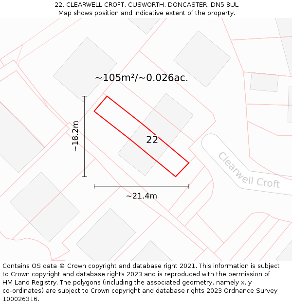 22, CLEARWELL CROFT, CUSWORTH, DONCASTER, DN5 8UL: Plot and title map