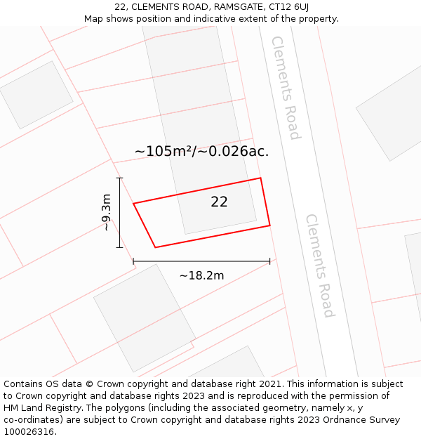 22, CLEMENTS ROAD, RAMSGATE, CT12 6UJ: Plot and title map