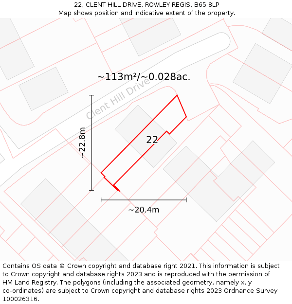 22, CLENT HILL DRIVE, ROWLEY REGIS, B65 8LP: Plot and title map