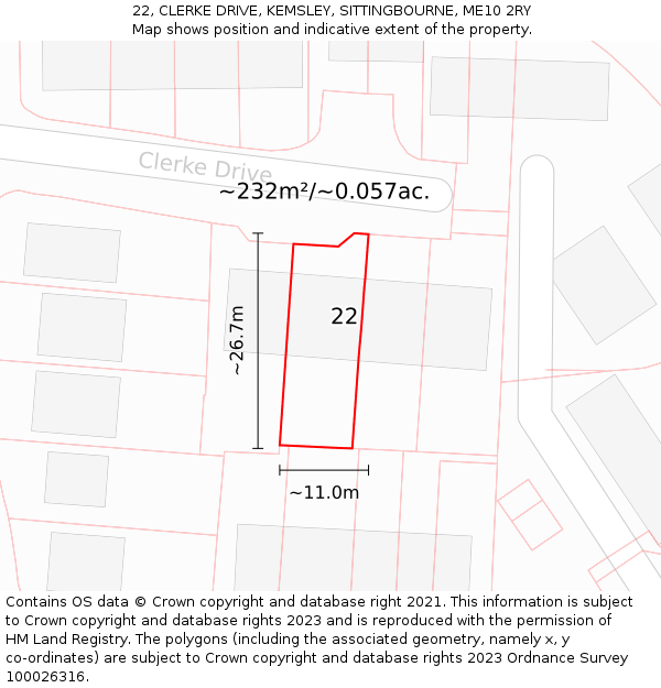 22, CLERKE DRIVE, KEMSLEY, SITTINGBOURNE, ME10 2RY: Plot and title map