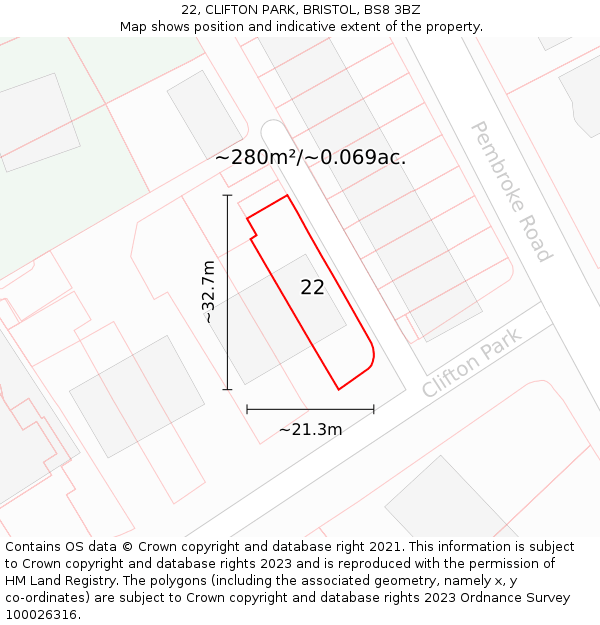 22, CLIFTON PARK, BRISTOL, BS8 3BZ: Plot and title map