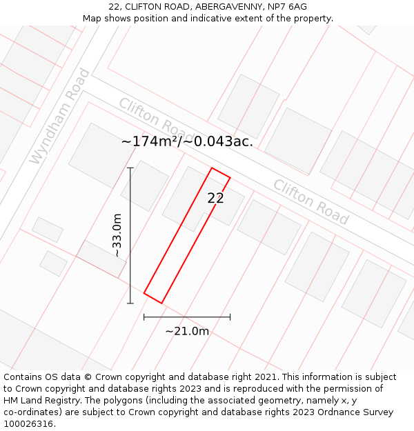 22, CLIFTON ROAD, ABERGAVENNY, NP7 6AG: Plot and title map