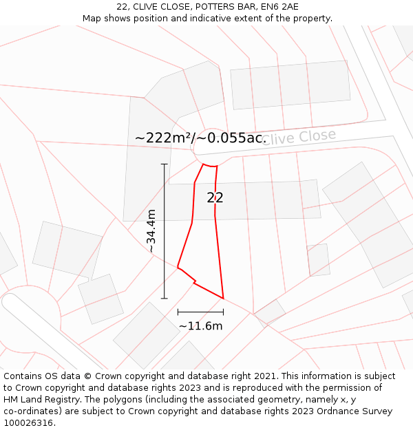 22, CLIVE CLOSE, POTTERS BAR, EN6 2AE: Plot and title map