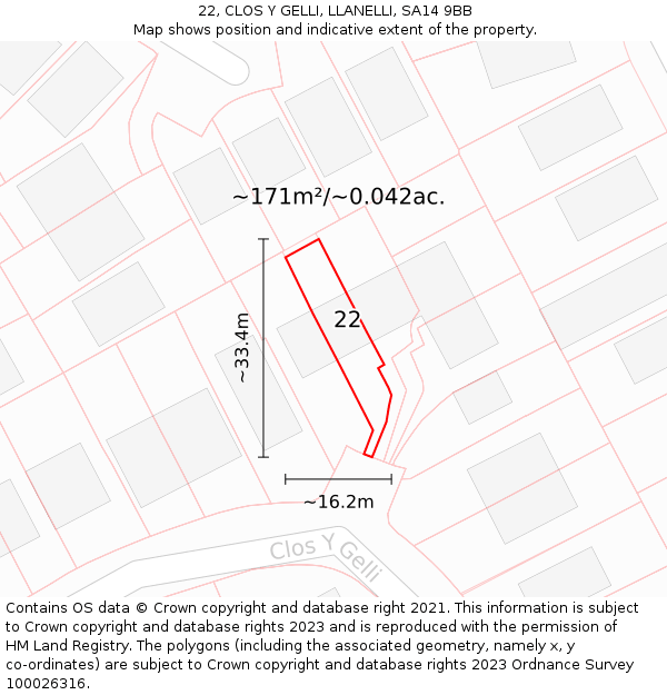 22, CLOS Y GELLI, LLANELLI, SA14 9BB: Plot and title map