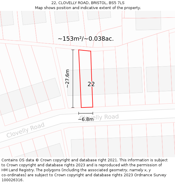 22, CLOVELLY ROAD, BRISTOL, BS5 7LS: Plot and title map