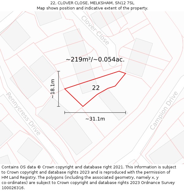 22, CLOVER CLOSE, MELKSHAM, SN12 7SL: Plot and title map