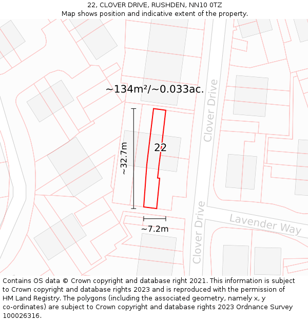 22, CLOVER DRIVE, RUSHDEN, NN10 0TZ: Plot and title map