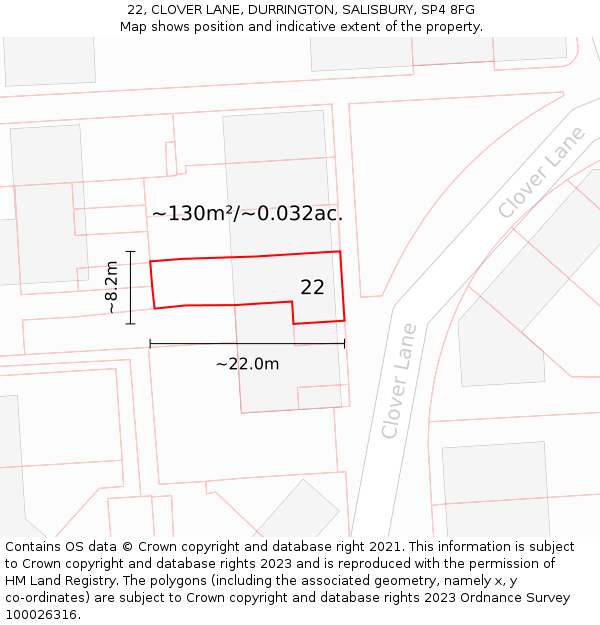 22, CLOVER LANE, DURRINGTON, SALISBURY, SP4 8FG: Plot and title map