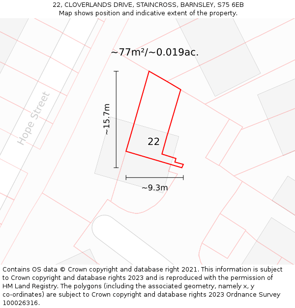 22, CLOVERLANDS DRIVE, STAINCROSS, BARNSLEY, S75 6EB: Plot and title map