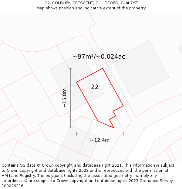22, COLBURN CRESCENT, GUILDFORD, GU4 7YZ: Plot and title map