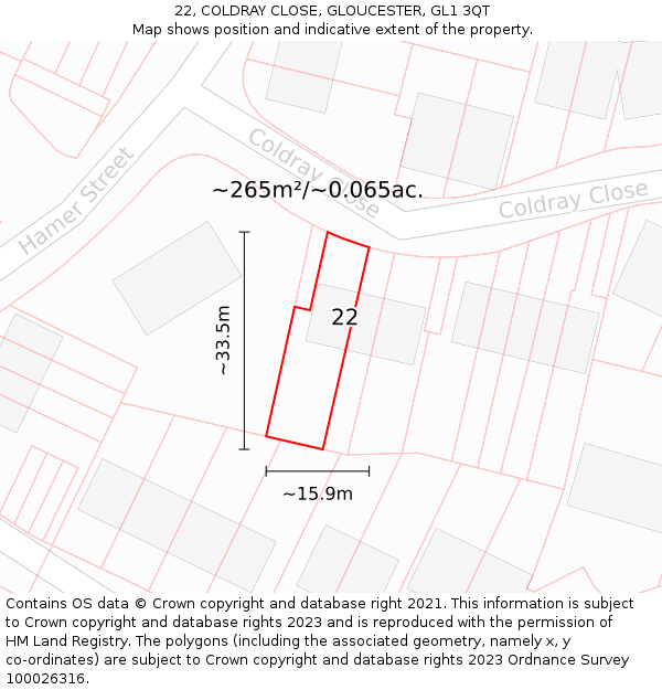 22, COLDRAY CLOSE, GLOUCESTER, GL1 3QT: Plot and title map