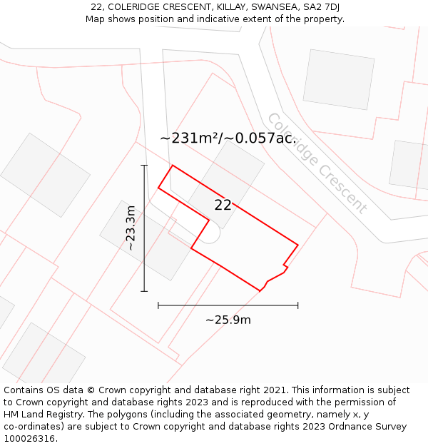 22, COLERIDGE CRESCENT, KILLAY, SWANSEA, SA2 7DJ: Plot and title map