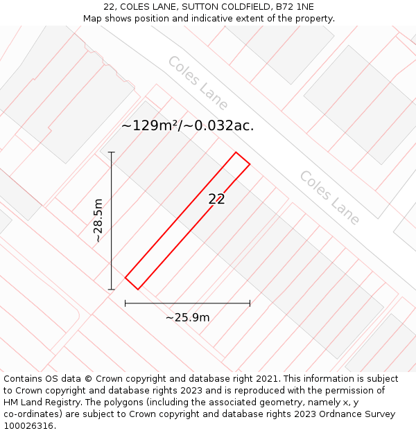 22, COLES LANE, SUTTON COLDFIELD, B72 1NE: Plot and title map