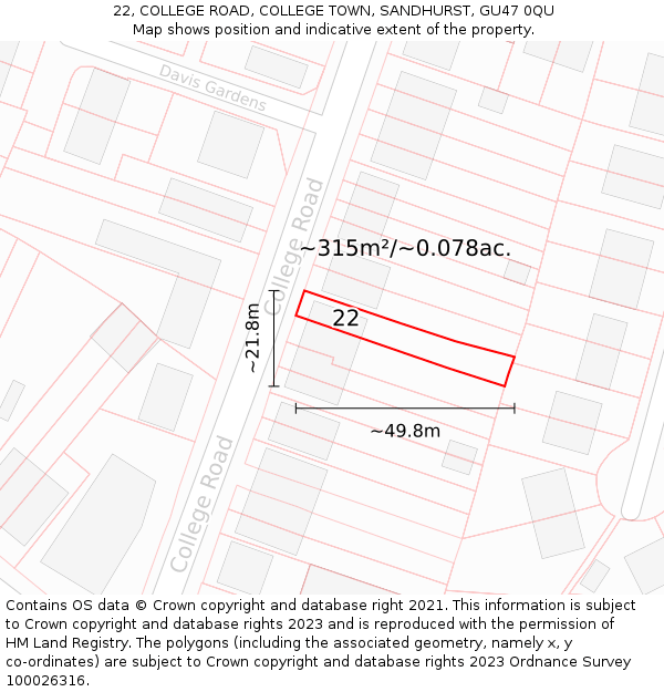 22, COLLEGE ROAD, COLLEGE TOWN, SANDHURST, GU47 0QU: Plot and title map