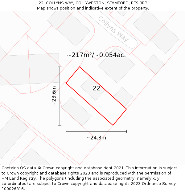 22, COLLYNS WAY, COLLYWESTON, STAMFORD, PE9 3PB: Plot and title map