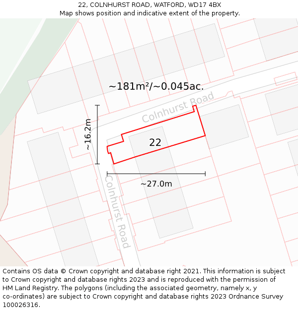 22, COLNHURST ROAD, WATFORD, WD17 4BX: Plot and title map