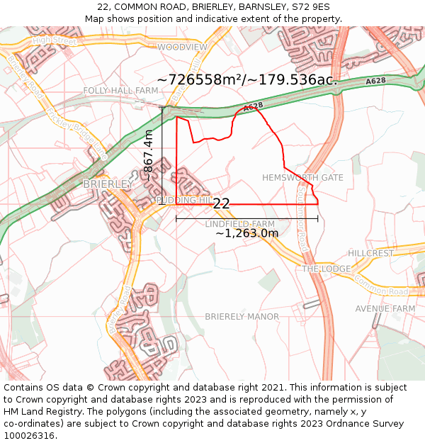 22, COMMON ROAD, BRIERLEY, BARNSLEY, S72 9ES: Plot and title map