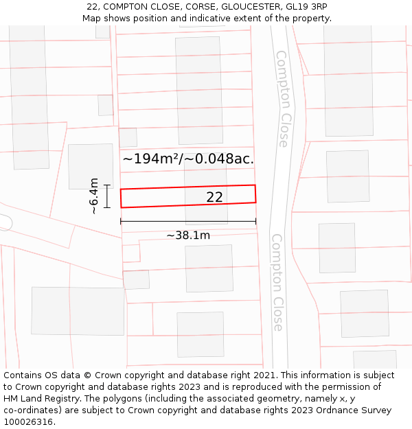 22, COMPTON CLOSE, CORSE, GLOUCESTER, GL19 3RP: Plot and title map