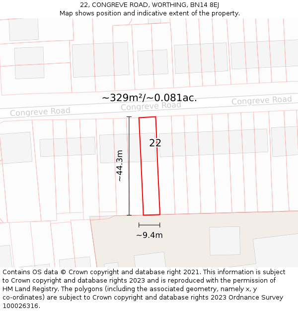 22, CONGREVE ROAD, WORTHING, BN14 8EJ: Plot and title map