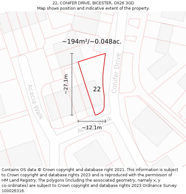 22, CONIFER DRIVE, BICESTER, OX26 3GD: Plot and title map