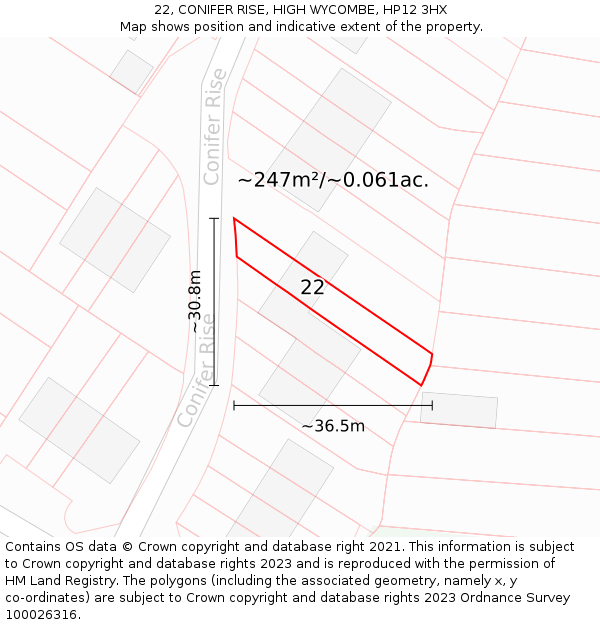 22, CONIFER RISE, HIGH WYCOMBE, HP12 3HX: Plot and title map