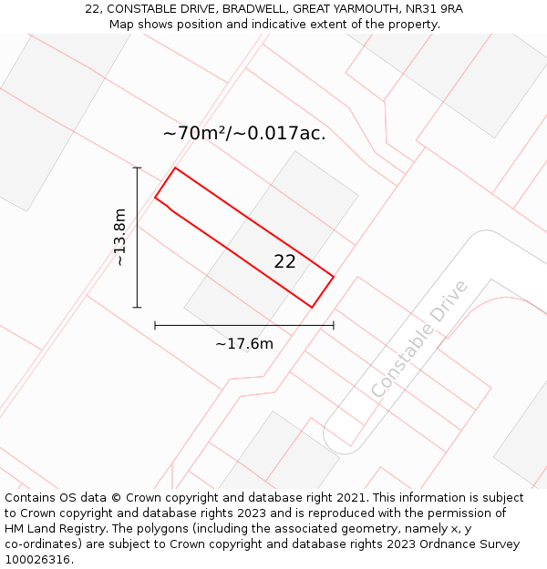 22, CONSTABLE DRIVE, BRADWELL, GREAT YARMOUTH, NR31 9RA: Plot and title map