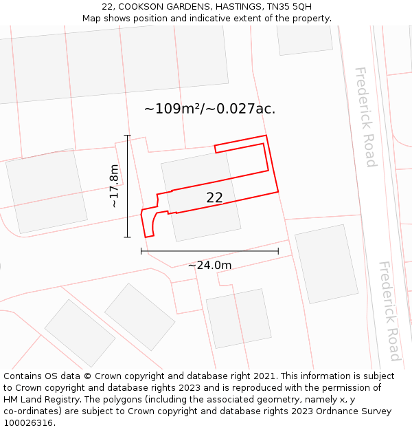 22, COOKSON GARDENS, HASTINGS, TN35 5QH: Plot and title map