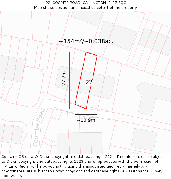 22, COOMBE ROAD, CALLINGTON, PL17 7QG: Plot and title map
