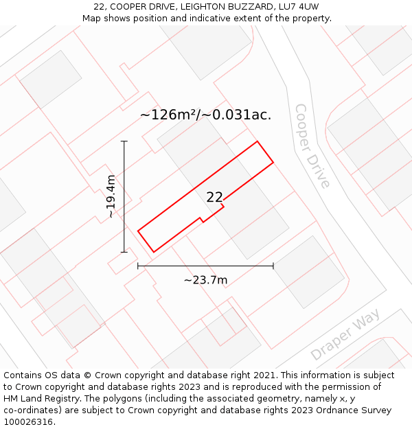 22, COOPER DRIVE, LEIGHTON BUZZARD, LU7 4UW: Plot and title map