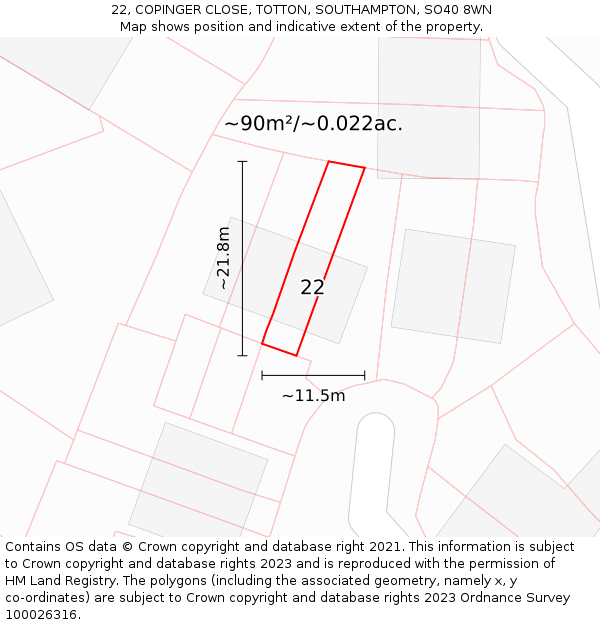 22, COPINGER CLOSE, TOTTON, SOUTHAMPTON, SO40 8WN: Plot and title map