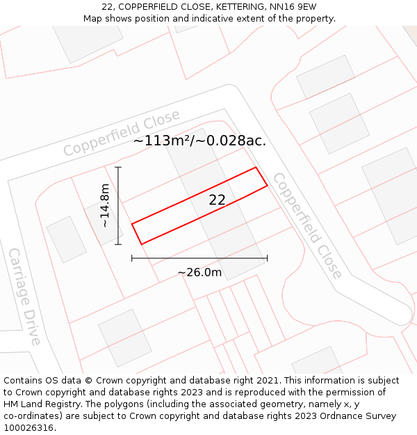 22, COPPERFIELD CLOSE, KETTERING, NN16 9EW: Plot and title map