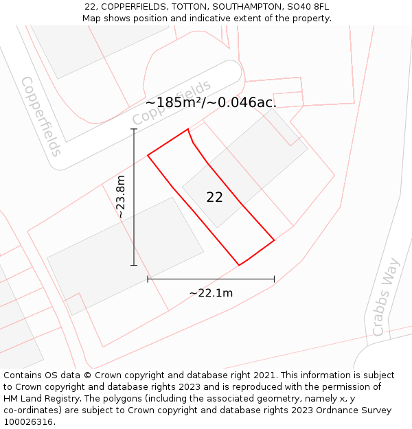 22, COPPERFIELDS, TOTTON, SOUTHAMPTON, SO40 8FL: Plot and title map