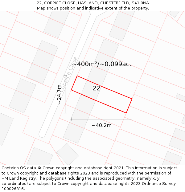 22, COPPICE CLOSE, HASLAND, CHESTERFIELD, S41 0NA: Plot and title map
