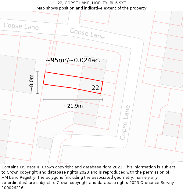 22, COPSE LANE, HORLEY, RH6 9XT: Plot and title map