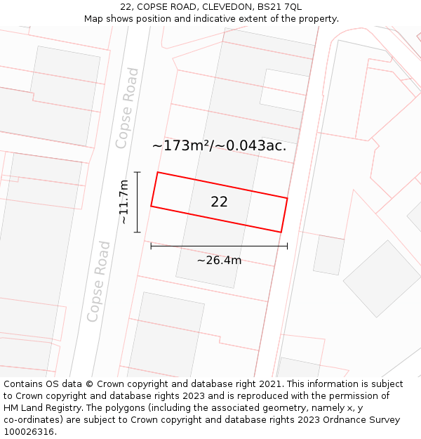 22, COPSE ROAD, CLEVEDON, BS21 7QL: Plot and title map