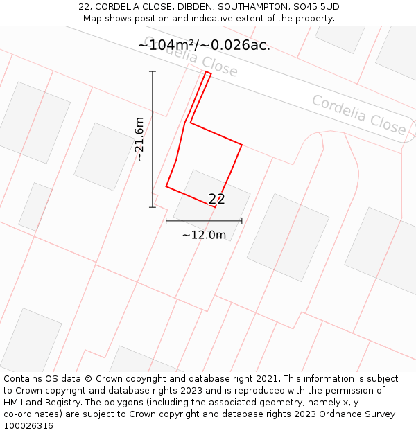 22, CORDELIA CLOSE, DIBDEN, SOUTHAMPTON, SO45 5UD: Plot and title map