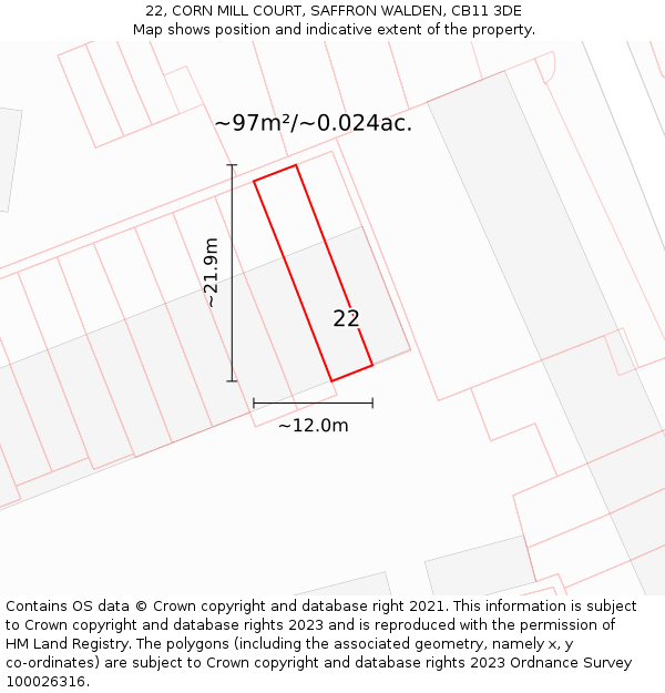 22, CORN MILL COURT, SAFFRON WALDEN, CB11 3DE: Plot and title map