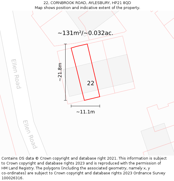 22, CORNBROOK ROAD, AYLESBURY, HP21 8QD: Plot and title map