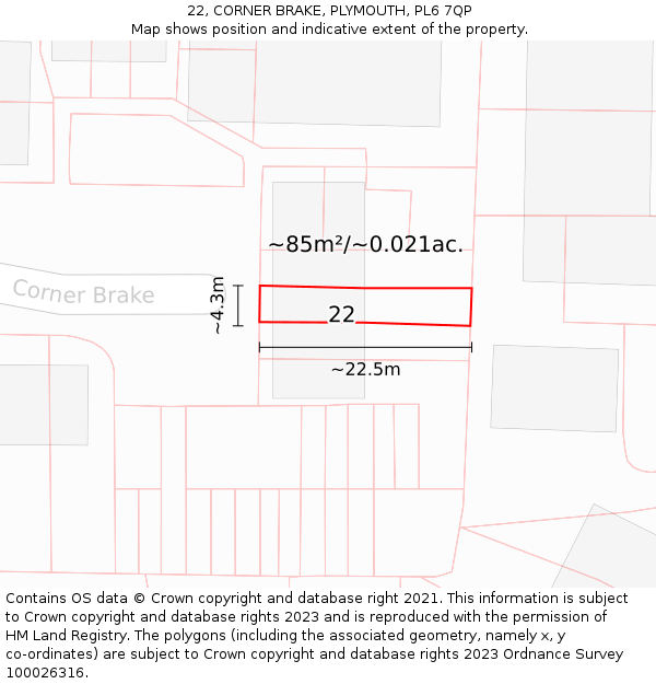 22, CORNER BRAKE, PLYMOUTH, PL6 7QP: Plot and title map