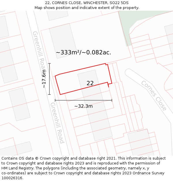 22, CORNES CLOSE, WINCHESTER, SO22 5DS: Plot and title map