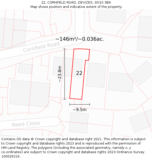 22, CORNFIELD ROAD, DEVIZES, SN10 3BA: Plot and title map