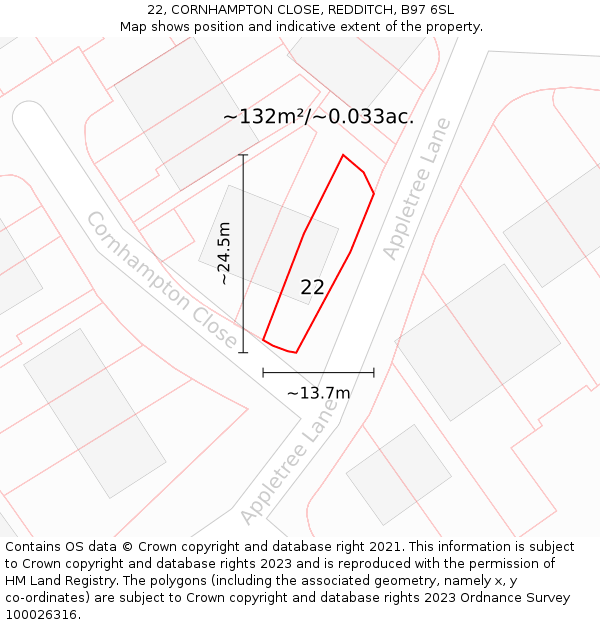 22, CORNHAMPTON CLOSE, REDDITCH, B97 6SL: Plot and title map