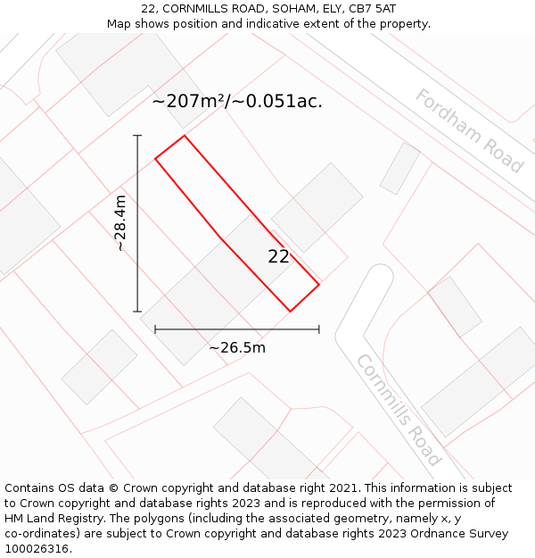 22, CORNMILLS ROAD, SOHAM, ELY, CB7 5AT: Plot and title map