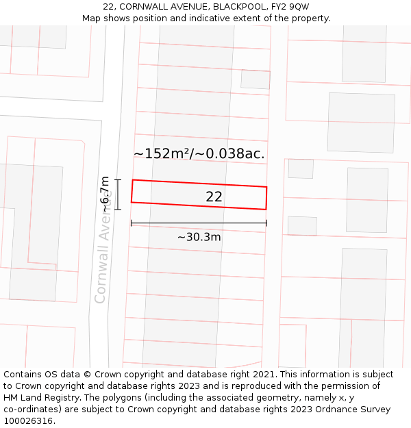 22, CORNWALL AVENUE, BLACKPOOL, FY2 9QW: Plot and title map