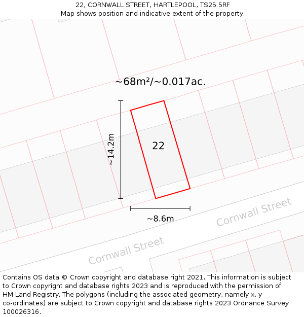 22, CORNWALL STREET, HARTLEPOOL, TS25 5RF: Plot and title map