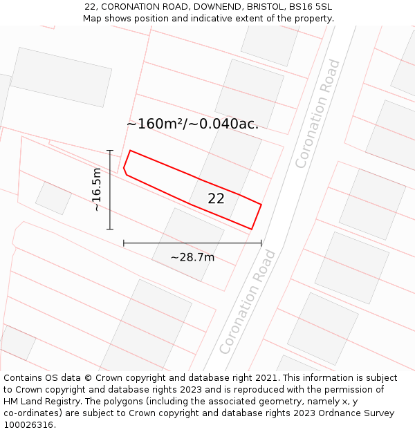 22, CORONATION ROAD, DOWNEND, BRISTOL, BS16 5SL: Plot and title map