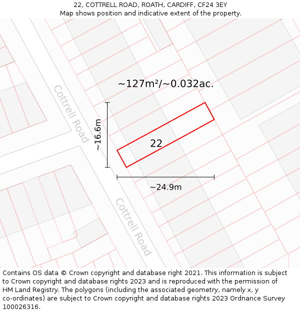 22, COTTRELL ROAD, ROATH, CARDIFF, CF24 3EY: Plot and title map