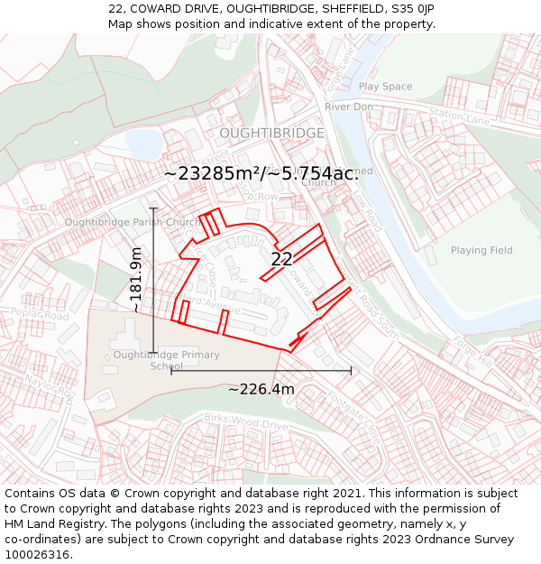 22, COWARD DRIVE, OUGHTIBRIDGE, SHEFFIELD, S35 0JP: Plot and title map
