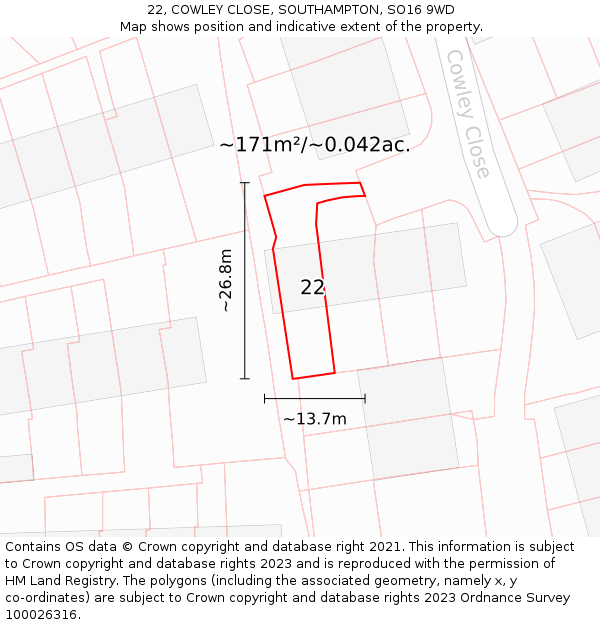 22, COWLEY CLOSE, SOUTHAMPTON, SO16 9WD: Plot and title map