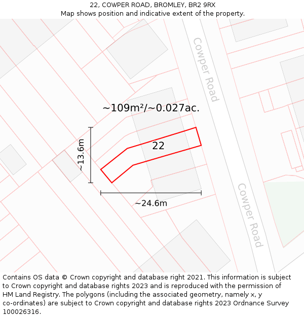 22, COWPER ROAD, BROMLEY, BR2 9RX: Plot and title map